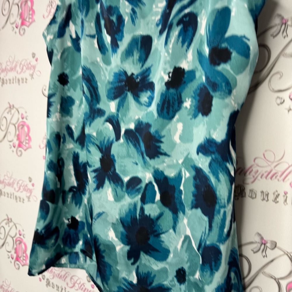 Ann Taylor tank top ruffle frilly Floral Sleeveless Blouse in Blue and Green - Picture 5 of 12